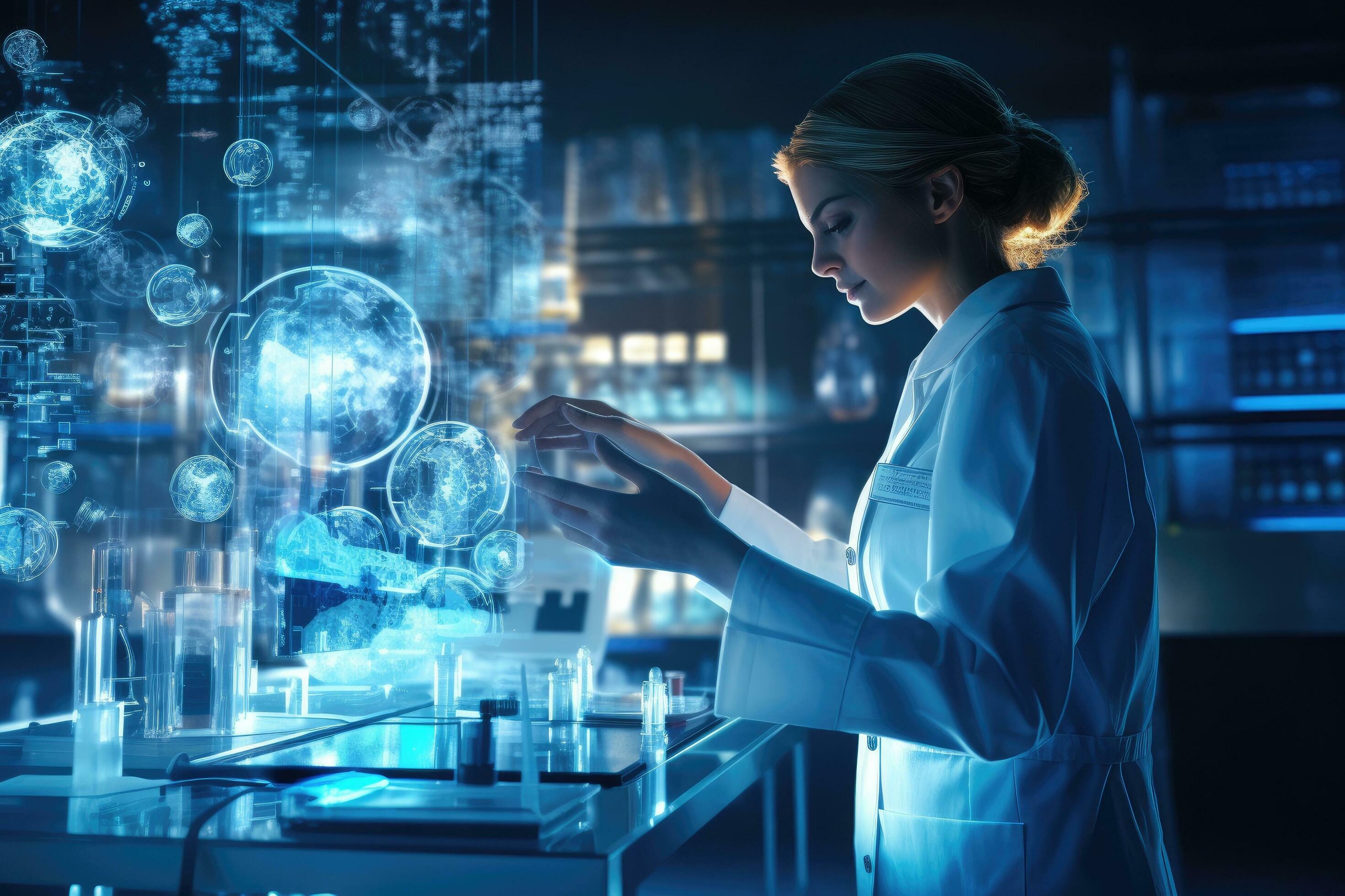 Attractive female scientist working in laboratory. Mixed media. Mixed media, Innovative technologies in science and medicine, AI Generated Stock Free