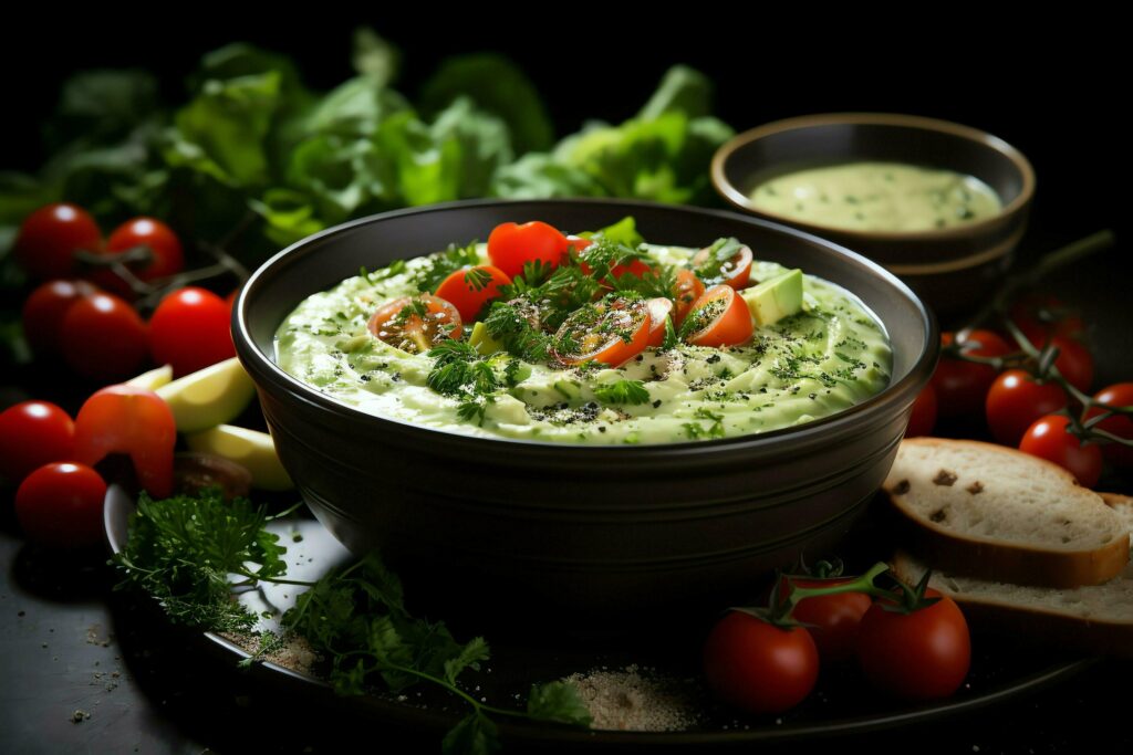 A delicious vegetables soup food in a bowl. Winter food and high protein soup meal concept by AI Generated Stock Free