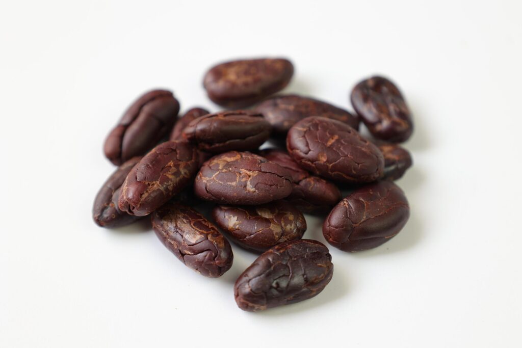 Roasted cocoa beans isolated on white background Stock Free