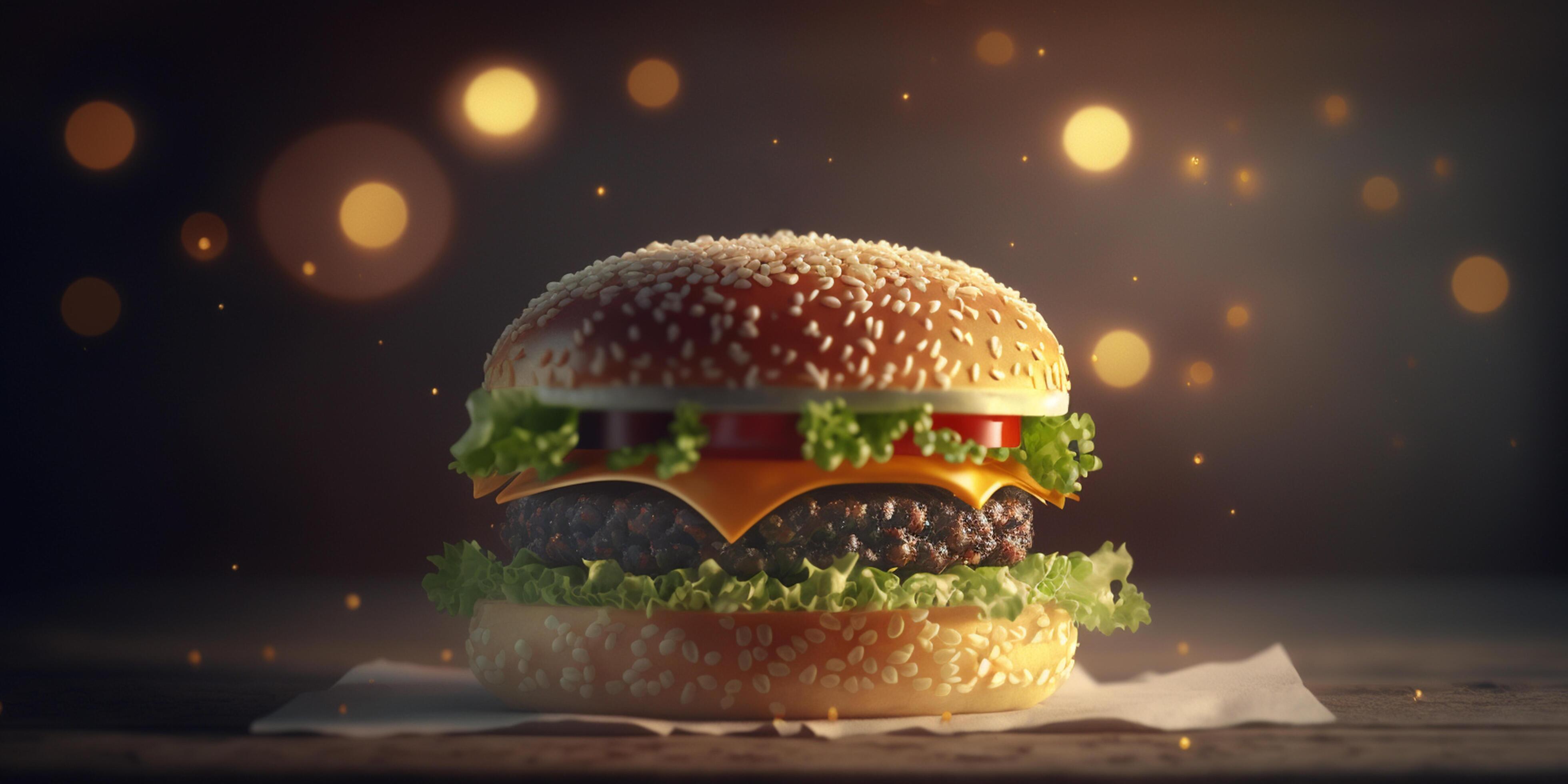 Juicy Hamburger with Bokeh Background, Delicious Fast Food Illustration Stock Free