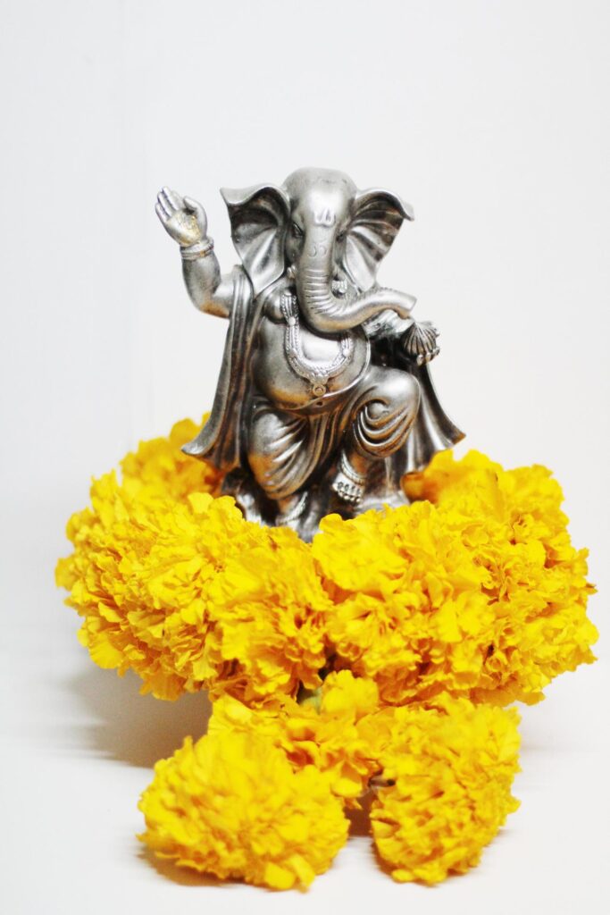 Ganesha god is the Lord of Success God of Hinduism on Marigold flowers Isolated on white background. Stock Free