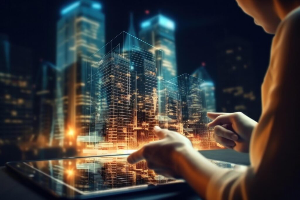 Digital tablet and a hologram of modern buildings. Illustration Stock Free