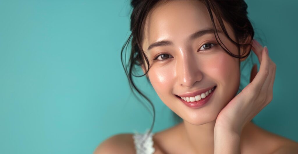 Portrait of a Smiling Woman With Wavy Black Hair Against a Teal Background Stock Free