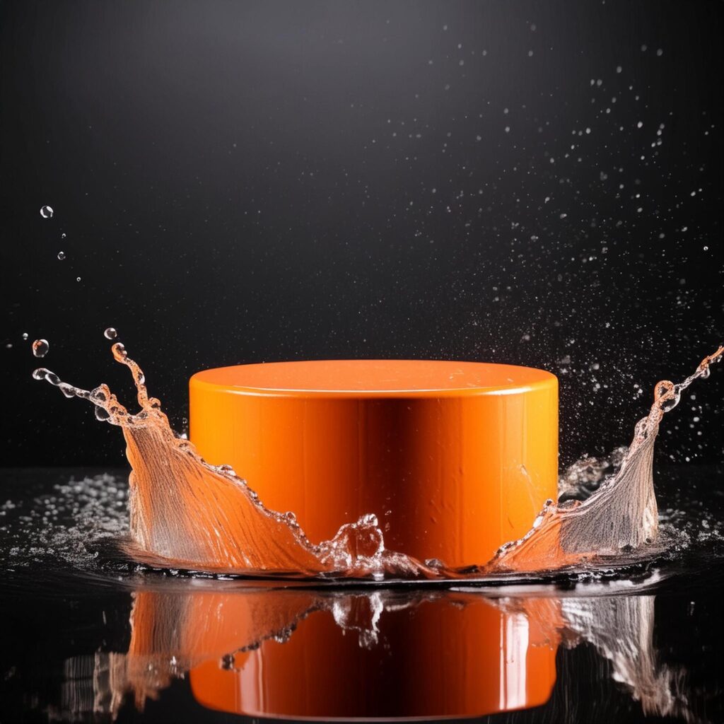 empty orange podium mockup with water splash on a gradient background for product display Stock Free