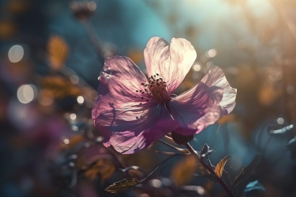 pink flowers with the sun shining through the clouds in the background and the grass in the foreground is a field of purple flowers. Stock Free