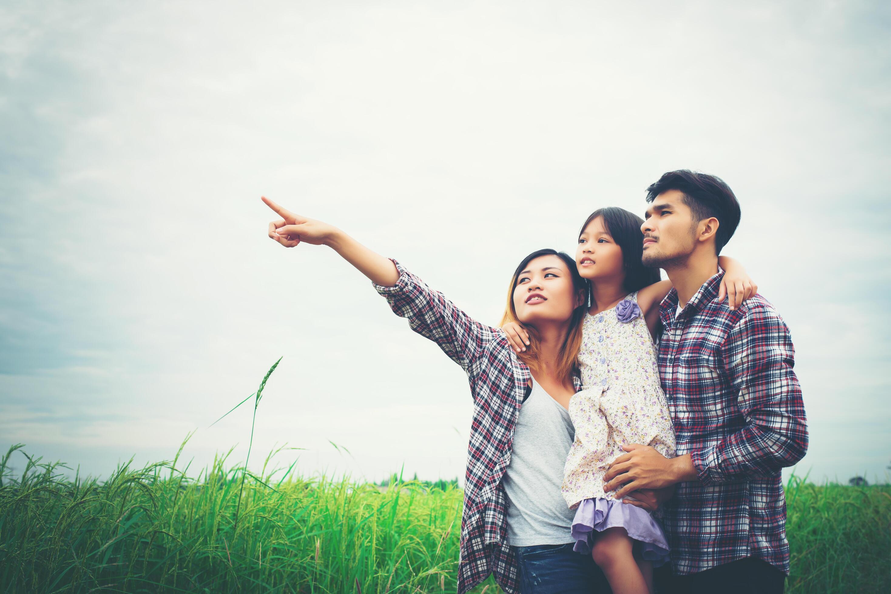 Family of mother, father and child on meadow, dad carrying the daughter. Stock Free