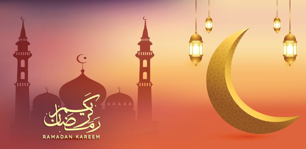 Ramadan Kareem Background with moon and lantern ornament Free Vector