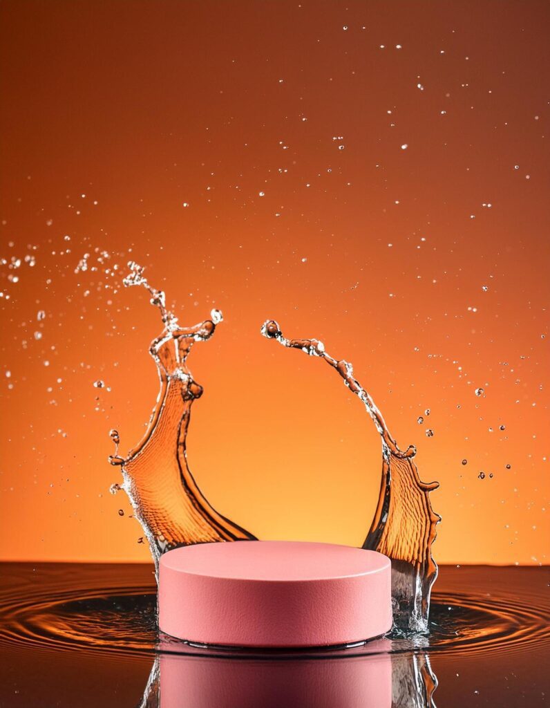 empty pink podium mockup with water splash on a orange gradient background for product display Stock Free