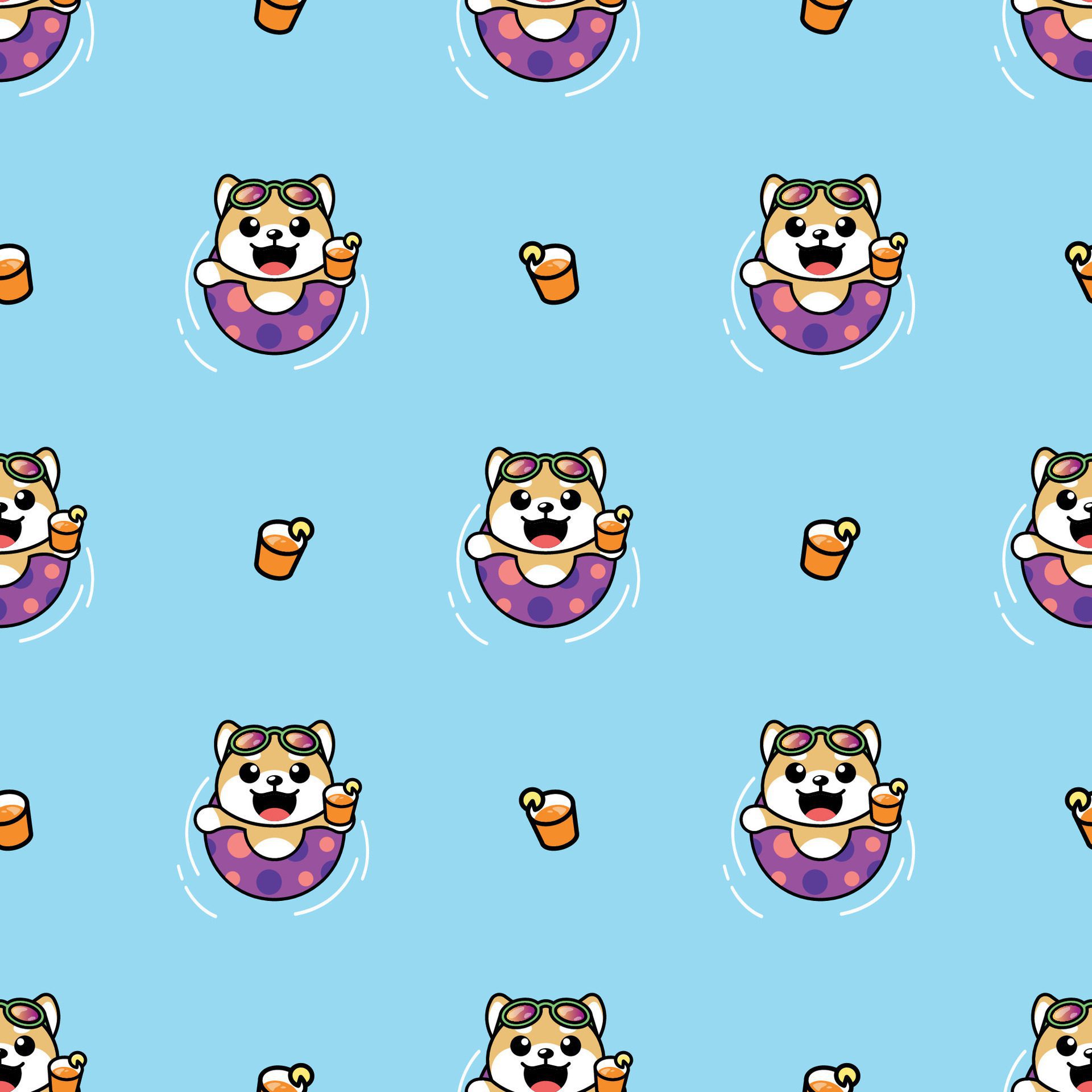 A CUTE SHIBA DOG IS WEARING RUBBER RING AND ORANGE JUICE SEAMLESS PATTERN Free Vector