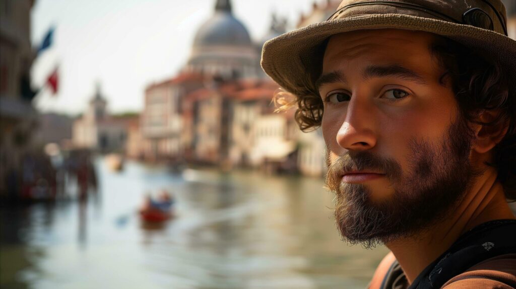 Venice traveler with hat and shirt on. Generative AI Free Photo