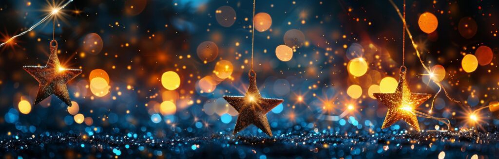 Golden Star Ornaments Hanging Against a Blurred Background of Lights Stock Free