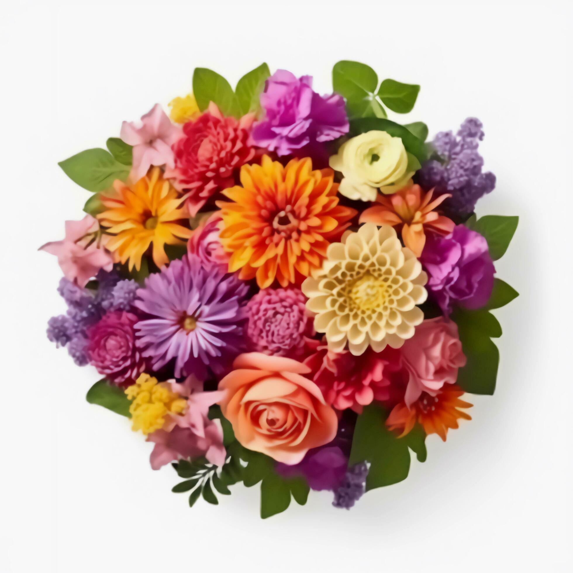 A top view of a bouquet of various colorful flowers. Isolated white background. AI Generated. Stock Free