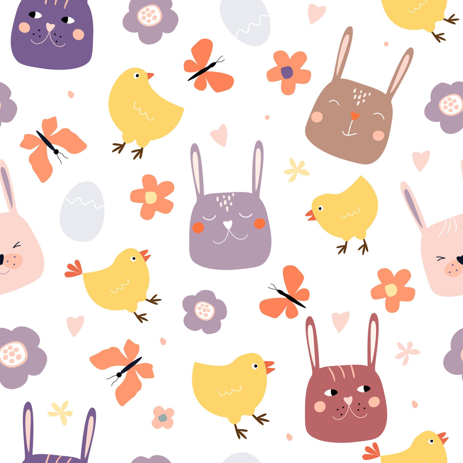 Seamless pattern with funny faces of rabbits, chickens, vets, butterflies, eggs. Abstract cute spring print. graphics. Free Vector