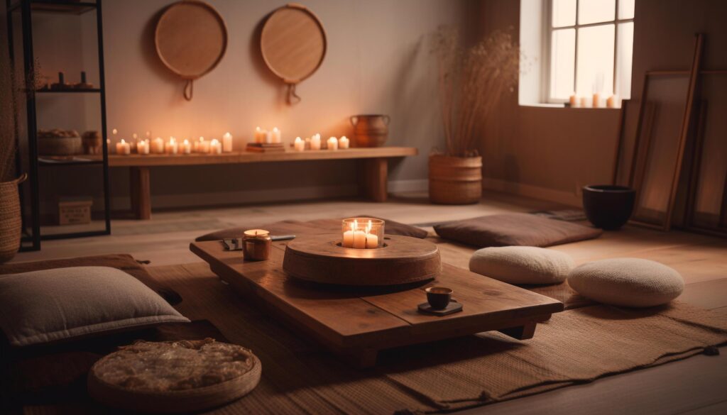 Cozy candlelit bedroom brings rustic elegance inside generated by AI Stock Free