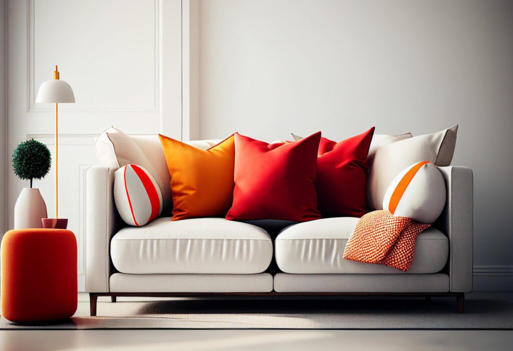 Interior of modern living room with white sofa and orange pillows Stock Free