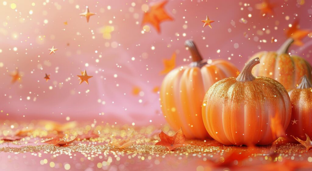 Shiny Orange Pumpkins Decorated With Gold Glitter on Pink Background Stock Free