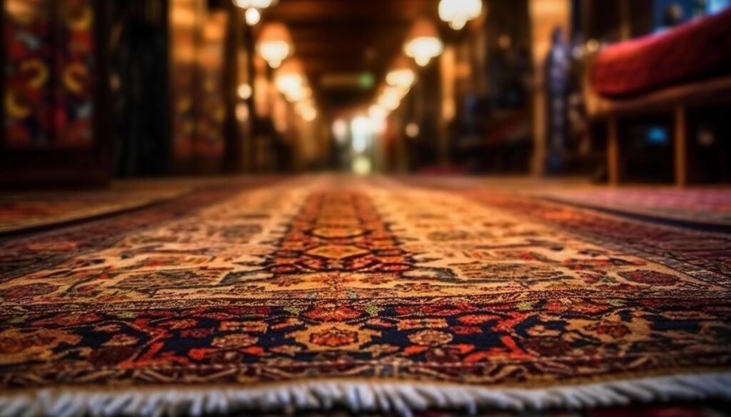 Turkish kilim rug, vibrant patterns illuminate room generated by AI Stock Free