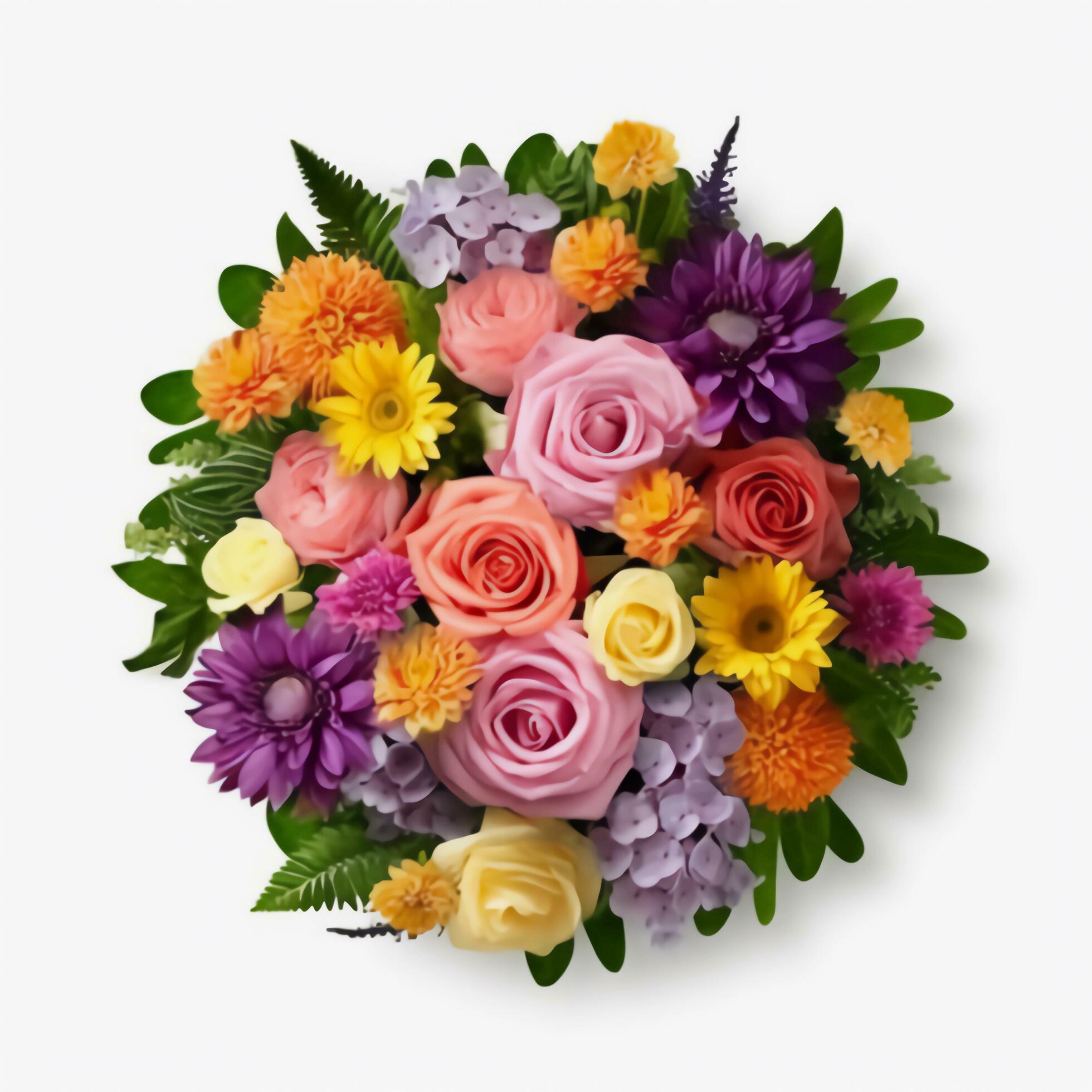 A top view of a bouquet of various colorful flowers. Isolated white background. AI Generated. Stock Free