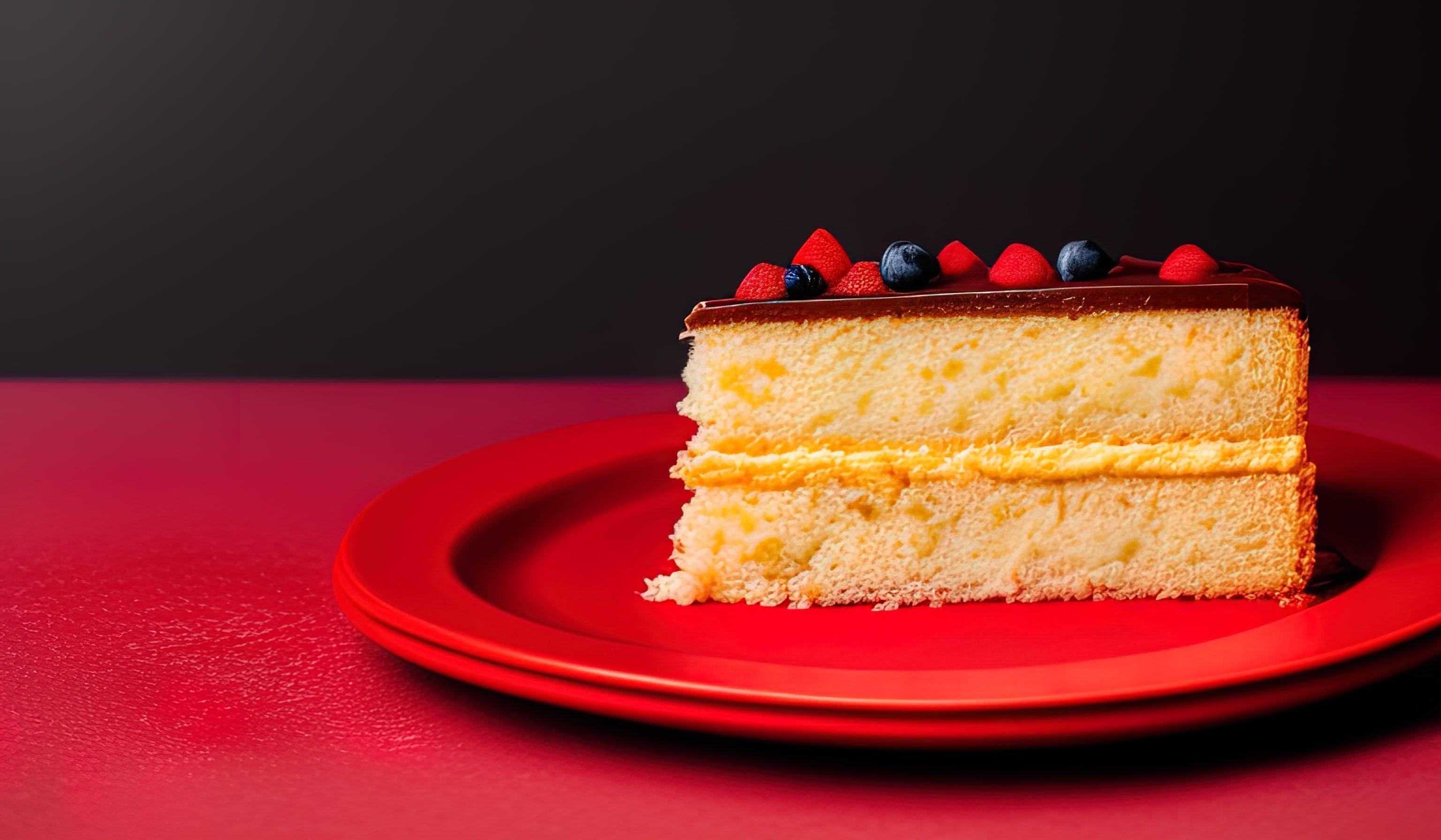 professional food photography of a piece of cake sitting on top of a red plate Stock Free