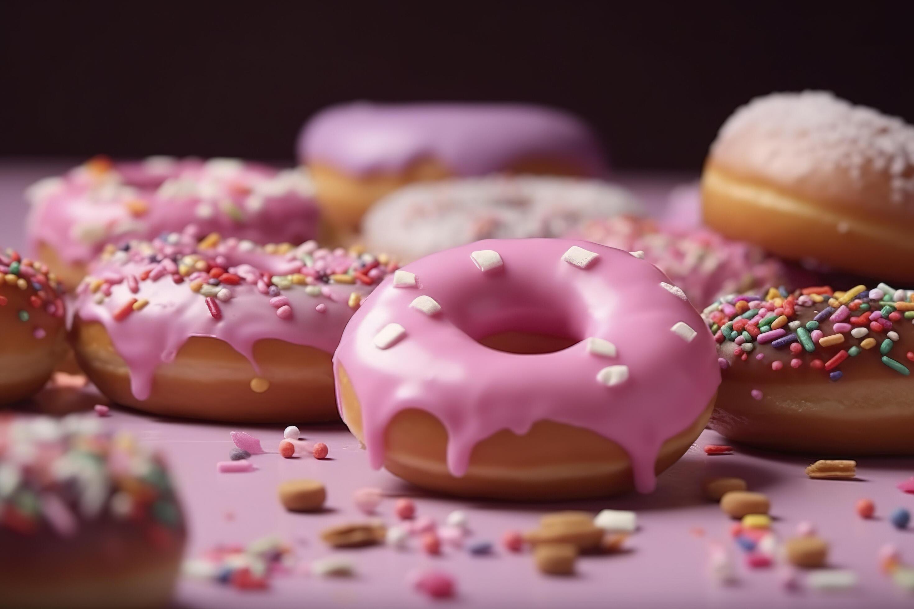 Pink donuts with sprinkles. Sweet food background, freshly baked donut. image. Stock Free