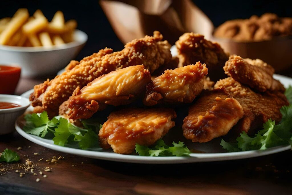 chicken wings with sauce and fries on a plate Free Photo