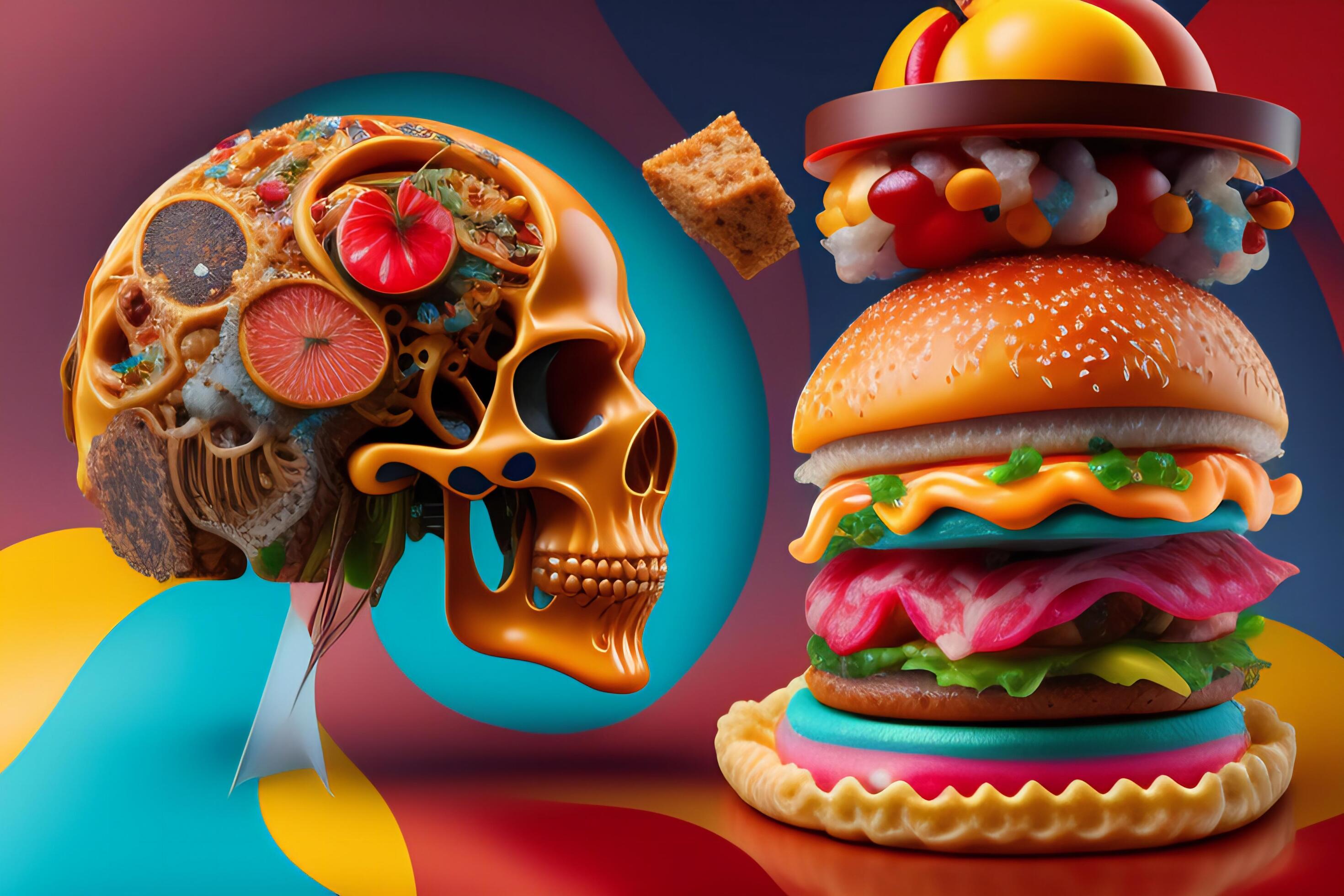 the anatomy of a zoombie head made of junk food. Stock Free