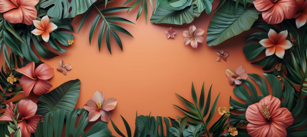 Paper Flower Arrangement With Tropical Leaves on Orange Background Stock Free