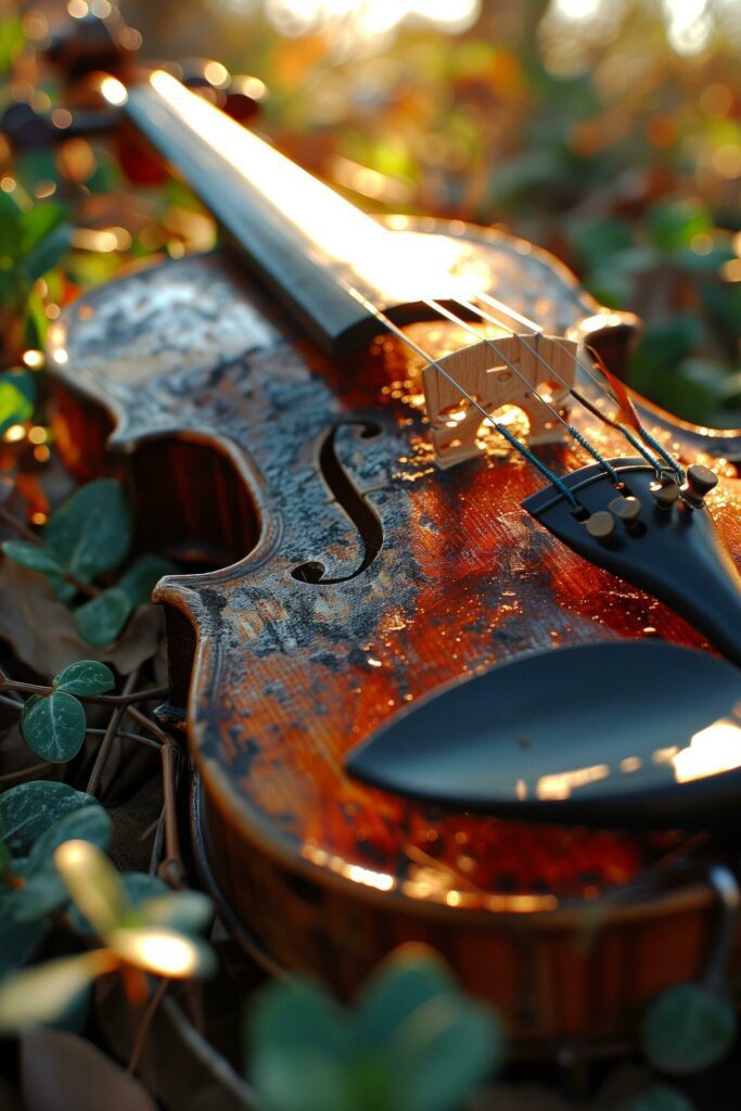 A old violin lying on leaves. Free Photo