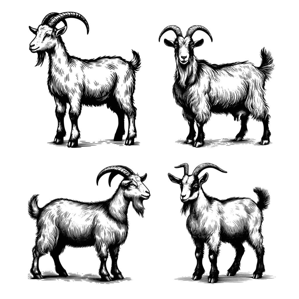 set of goats animal illustration. black and white hand drawn goat illustration isolated white background Free Vector