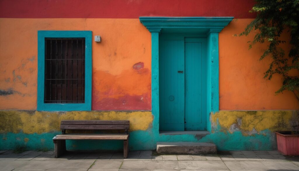 Weathered wood bench sits outside old building generated by AI Stock Free