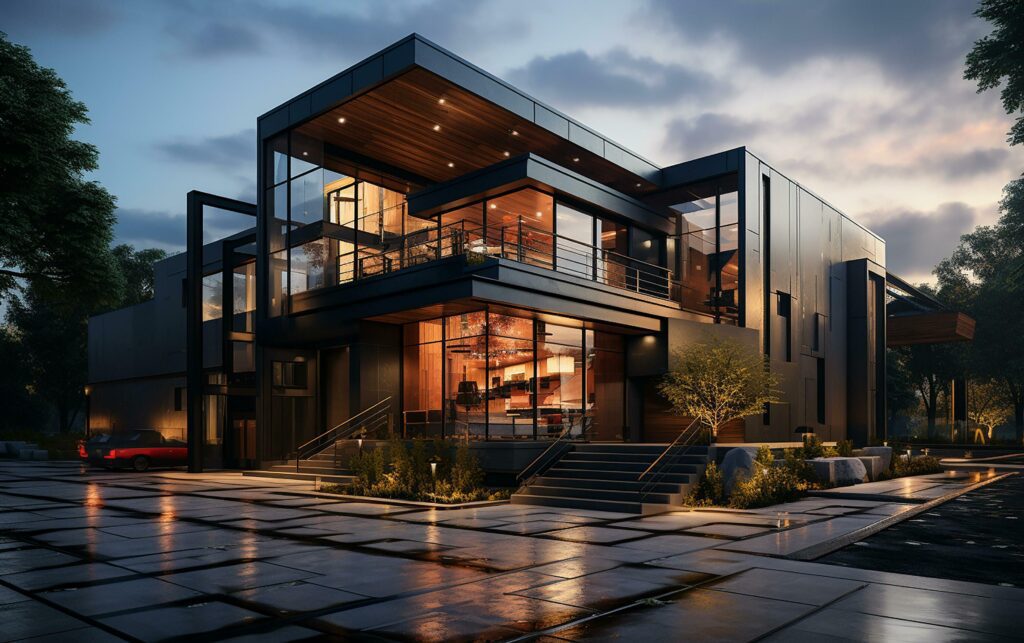 unique industrial architecture house in daylight, photo-realistic AI generative Stock Free