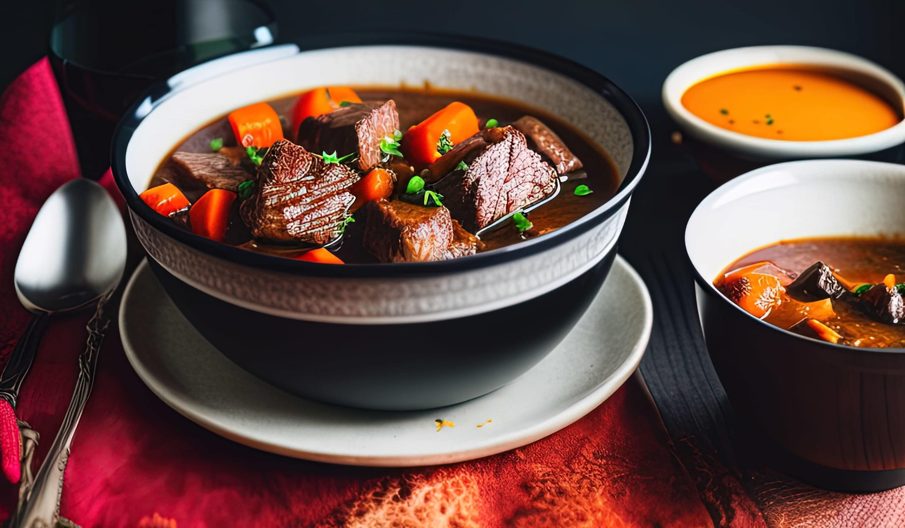 professional food photography close up of a a bowl of beef stew with bread on the side Stock Free