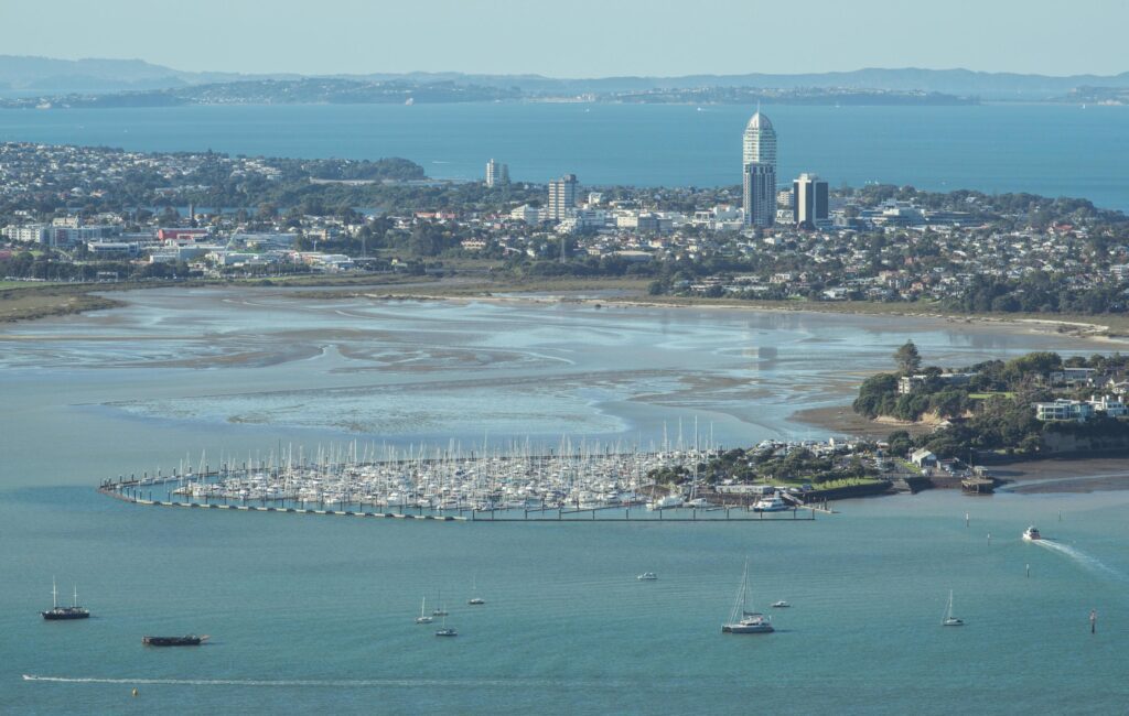 Scenery view of the North Shore and Shoal Bay view from the top of Auckland Sky tower, New Zealand. Stock Free