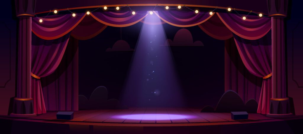 Dark theater stage with red curtains and spotlight Free Vector and Free SVG