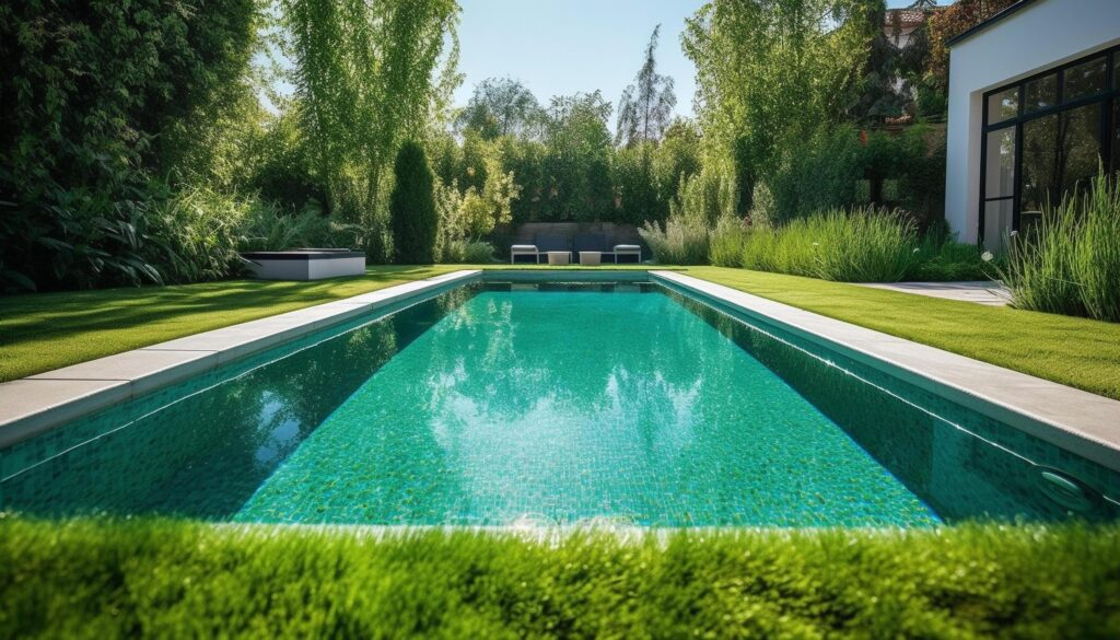 Green grass, blue pool, modern design luxury relaxation outdoors generated by AI Stock Free