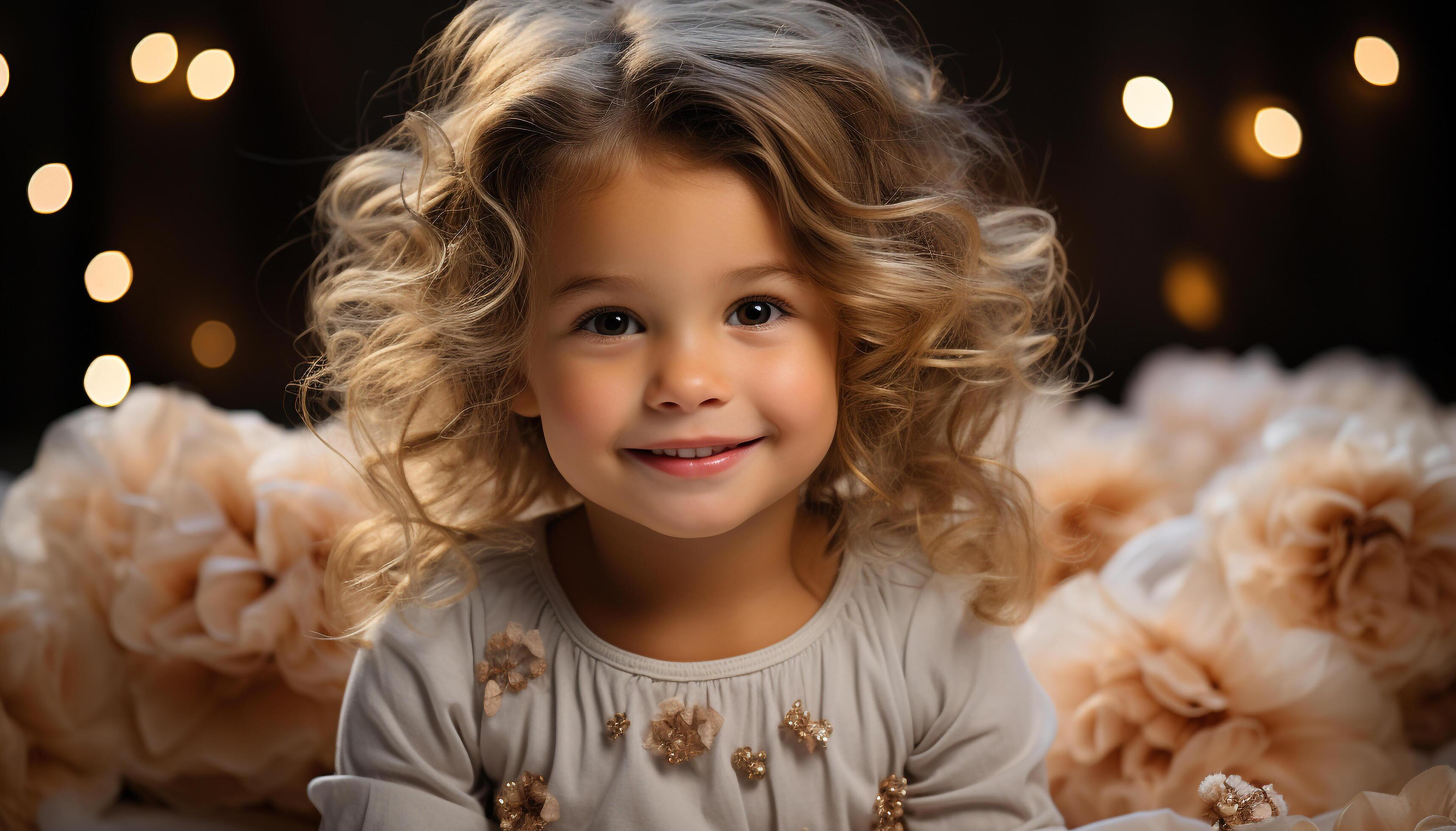 AI generated Smiling toddler enjoys Christmas, surrounded by festive decorations and family generated by AI Stock Free