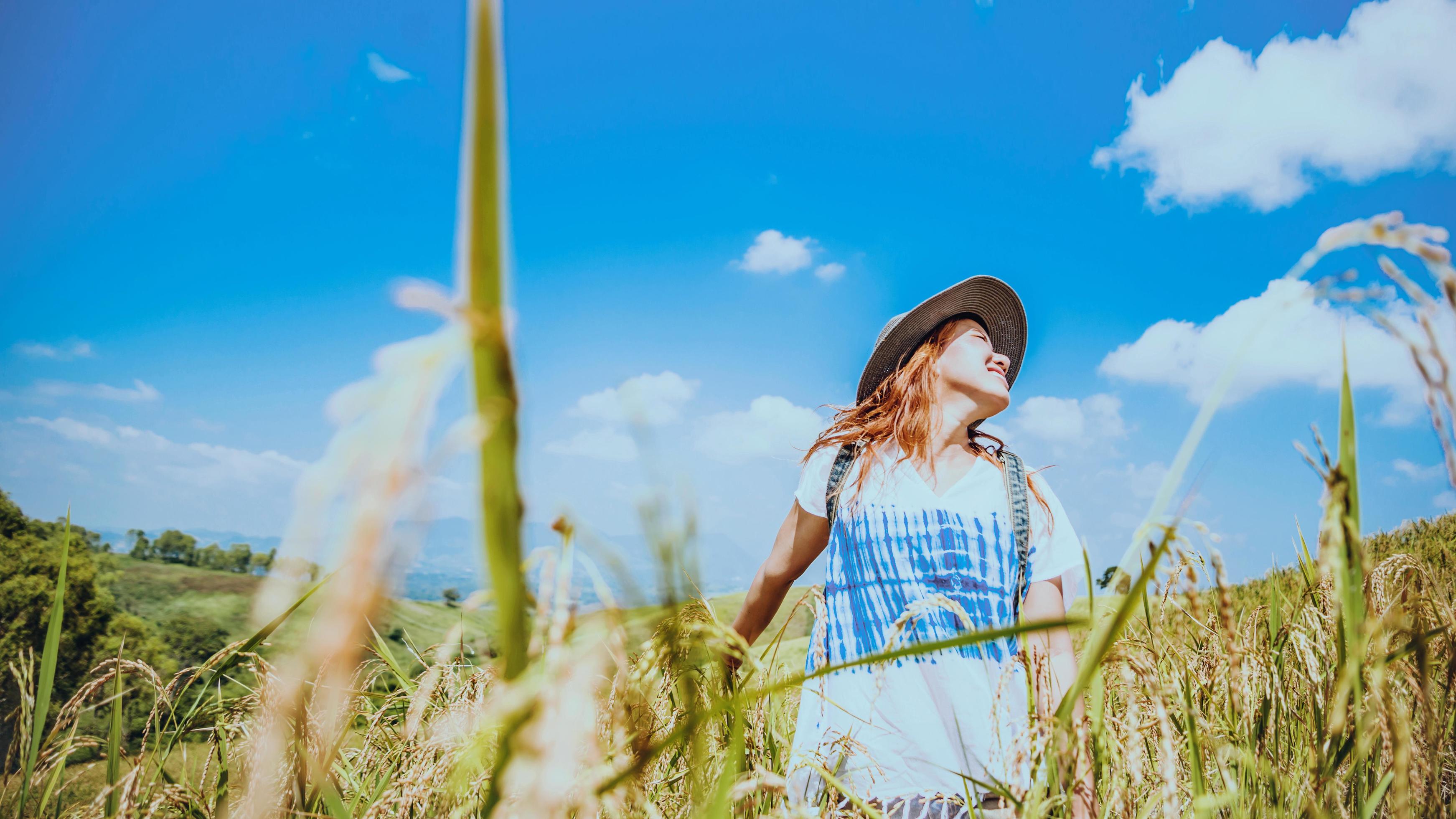 Asian women travel relax in the holiday. Stand natural touch mountain field. Thailand Stock Free