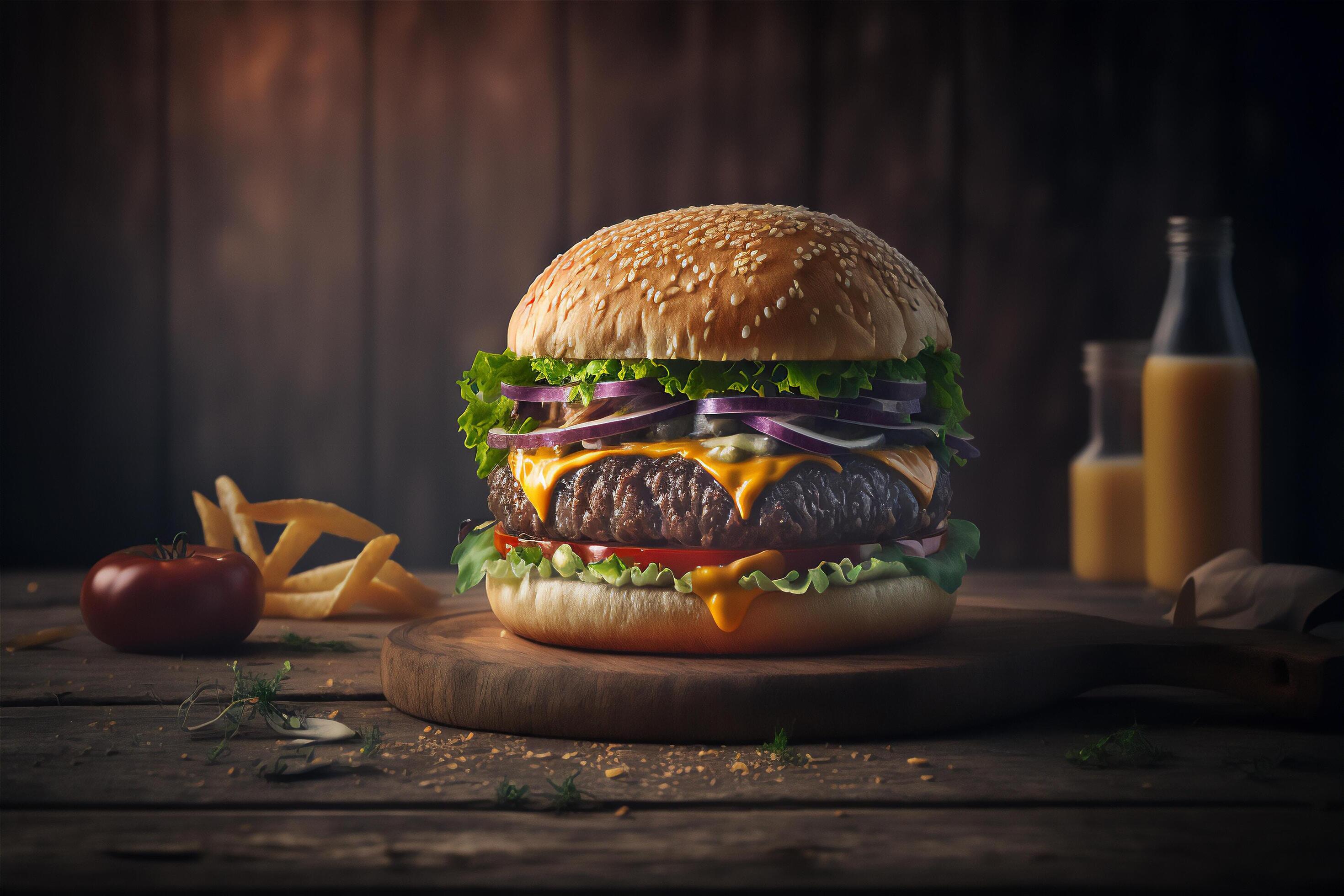 Tasty homemade hamburger on rustic wooden table. Copy space. Advertising. . Fast food snack Stock Free