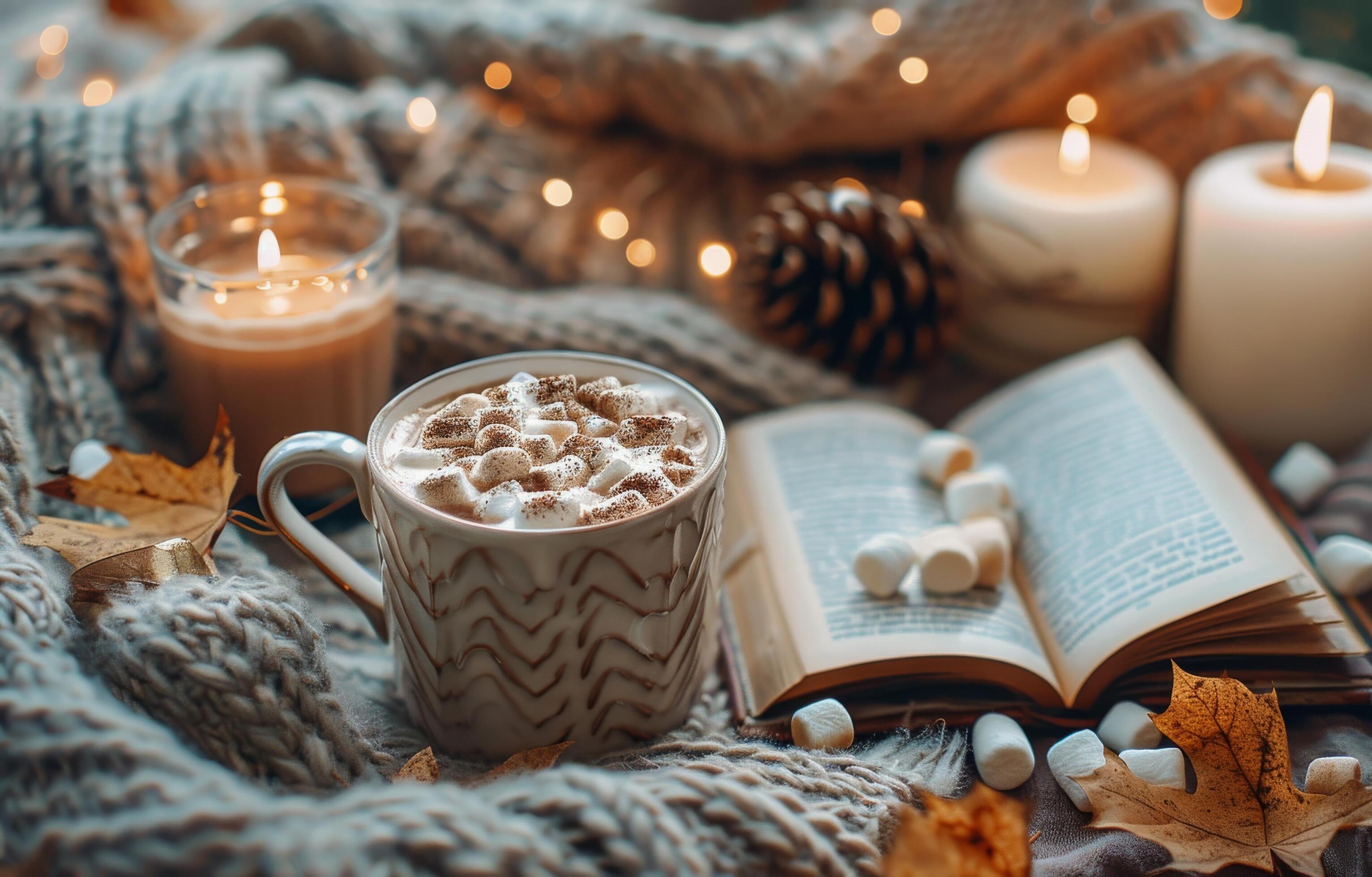 Cozy Autumn Evening With Hot Chocolate, Book, and Candles Stock Free