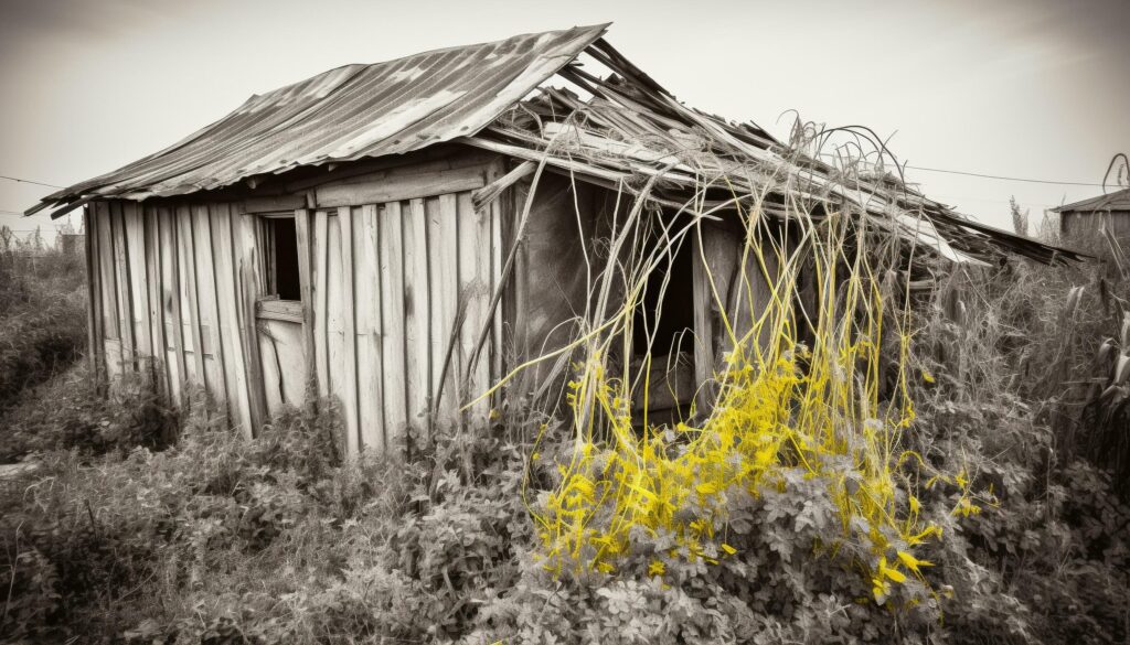 Weathered hut in rural scene, abandoned and run down, surrounded by nature generated by AI Stock Free