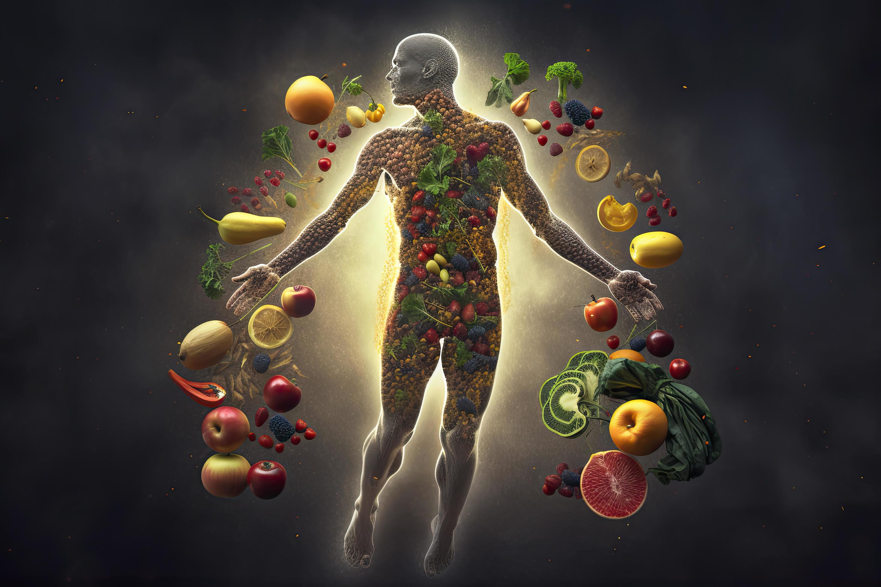 outline of a human with bolts of energy running through the body, the body is surrounded by fruit Stock Free