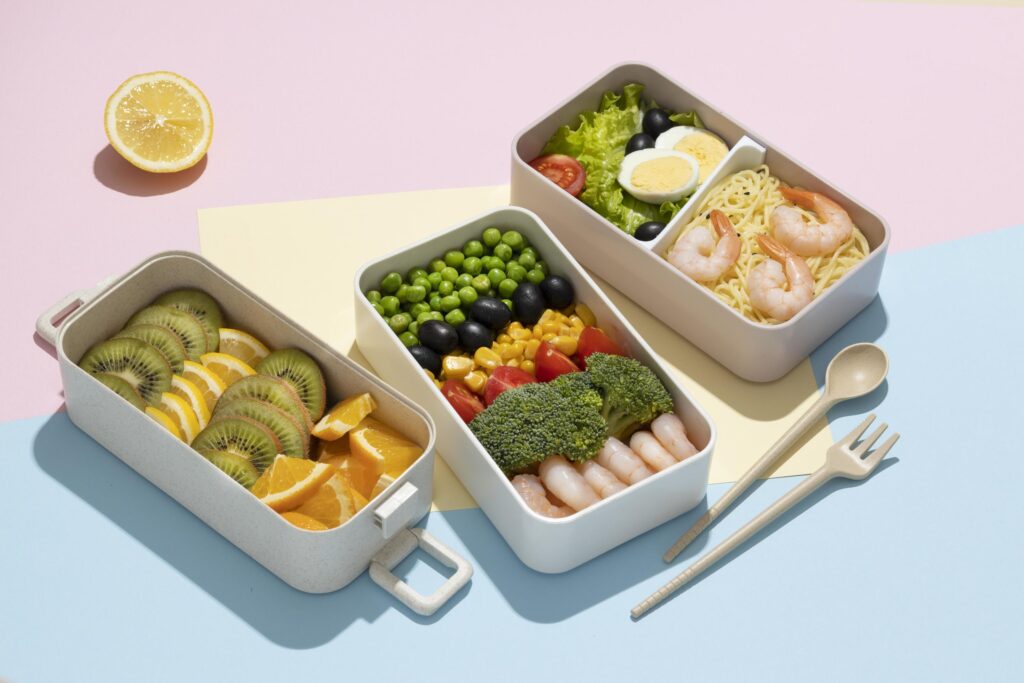 Top view composition food Japanese bento box Stock Free