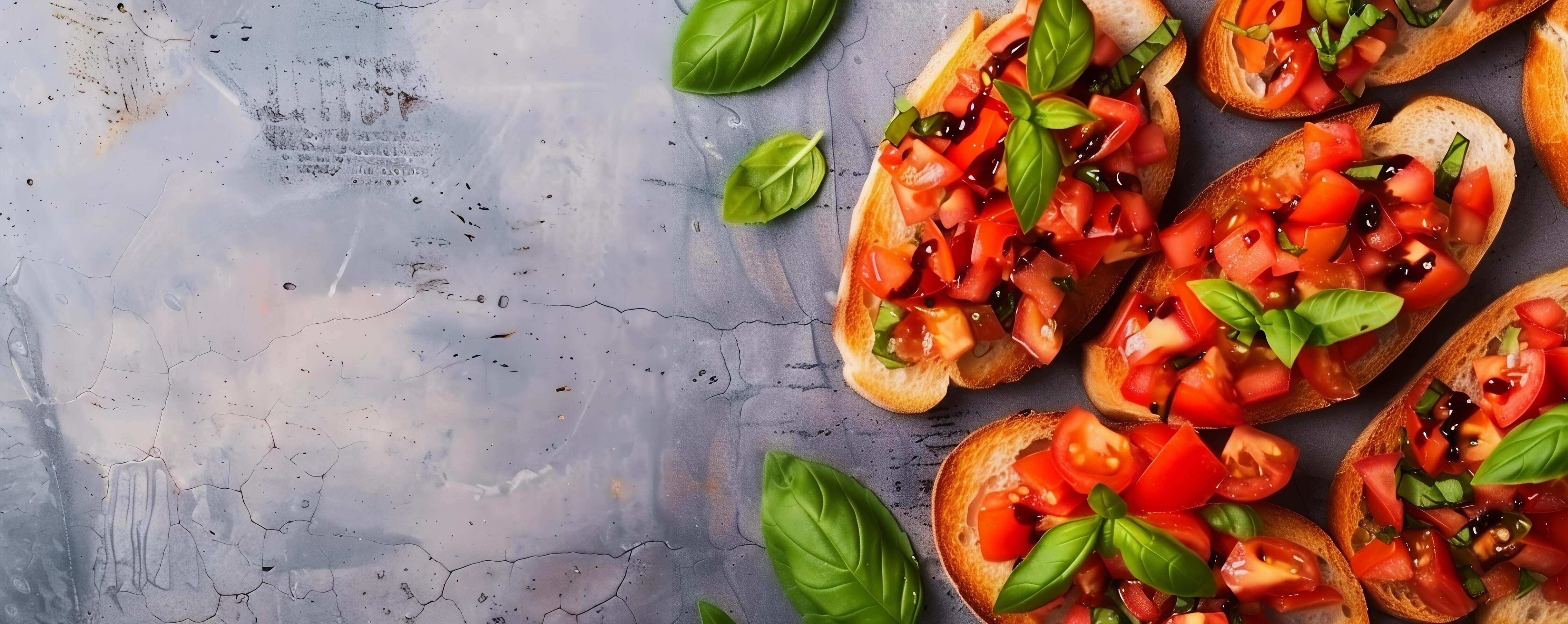 Classic bruschetta with diced tomatoes, garlic, basil, and balsamic glaze on toasted baguette slices. Stock Free