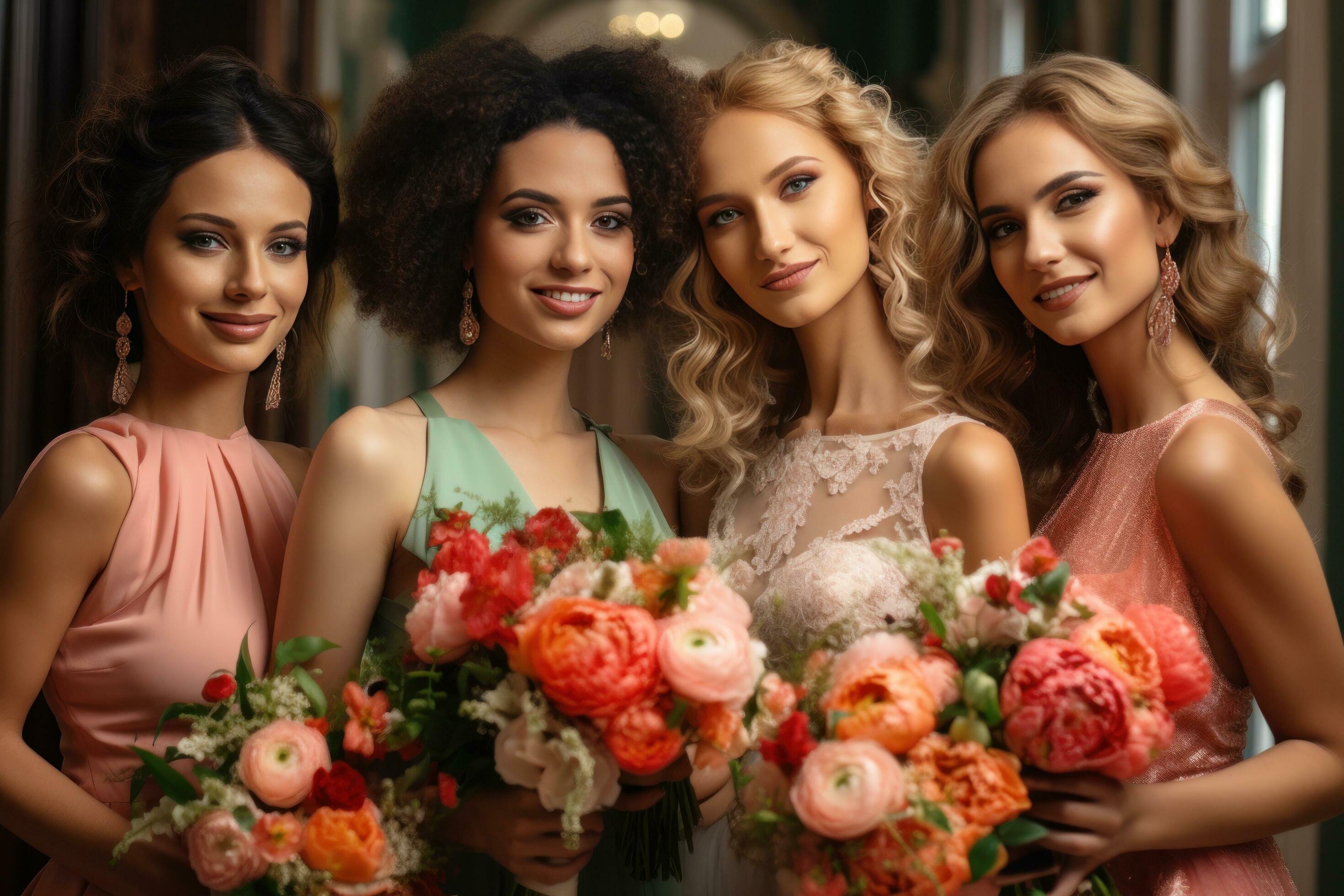 Bridesmaids in the background, with pink and white flowers Stock Free