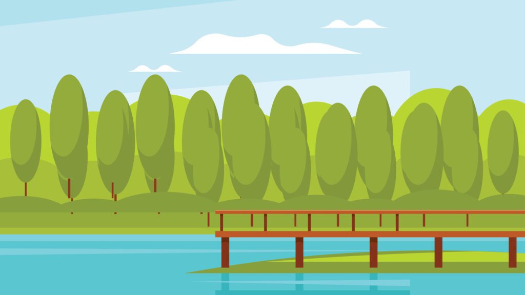 cartoon background of ocean deck with background tree line illustration Free Vector