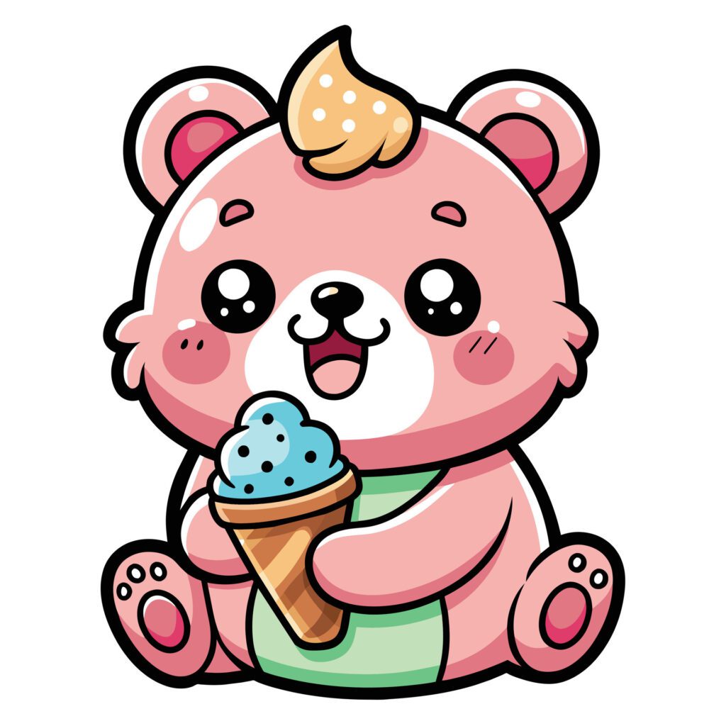 a cute kawaii bear eating ice cream, with clean black outlines, white background Free Vector