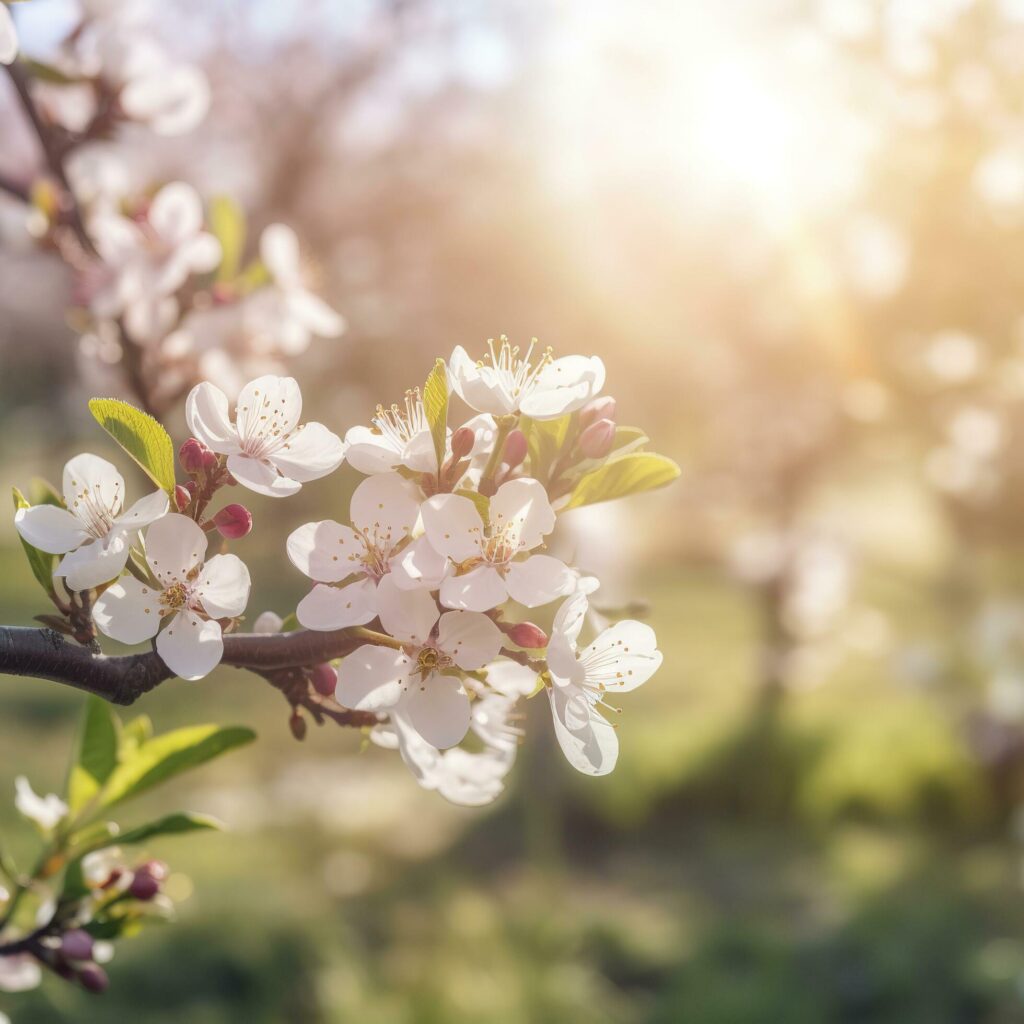 Spring blossom background. Nature scene with blooming tree and sun flare. Spring flowers. Beautiful orchard , generat ai Stock Free