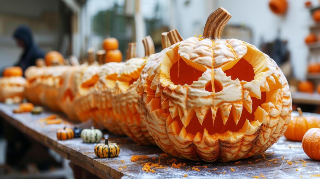 The spooky art of carving pumpkins on Halloween holiday. AI-Generated Free Photo