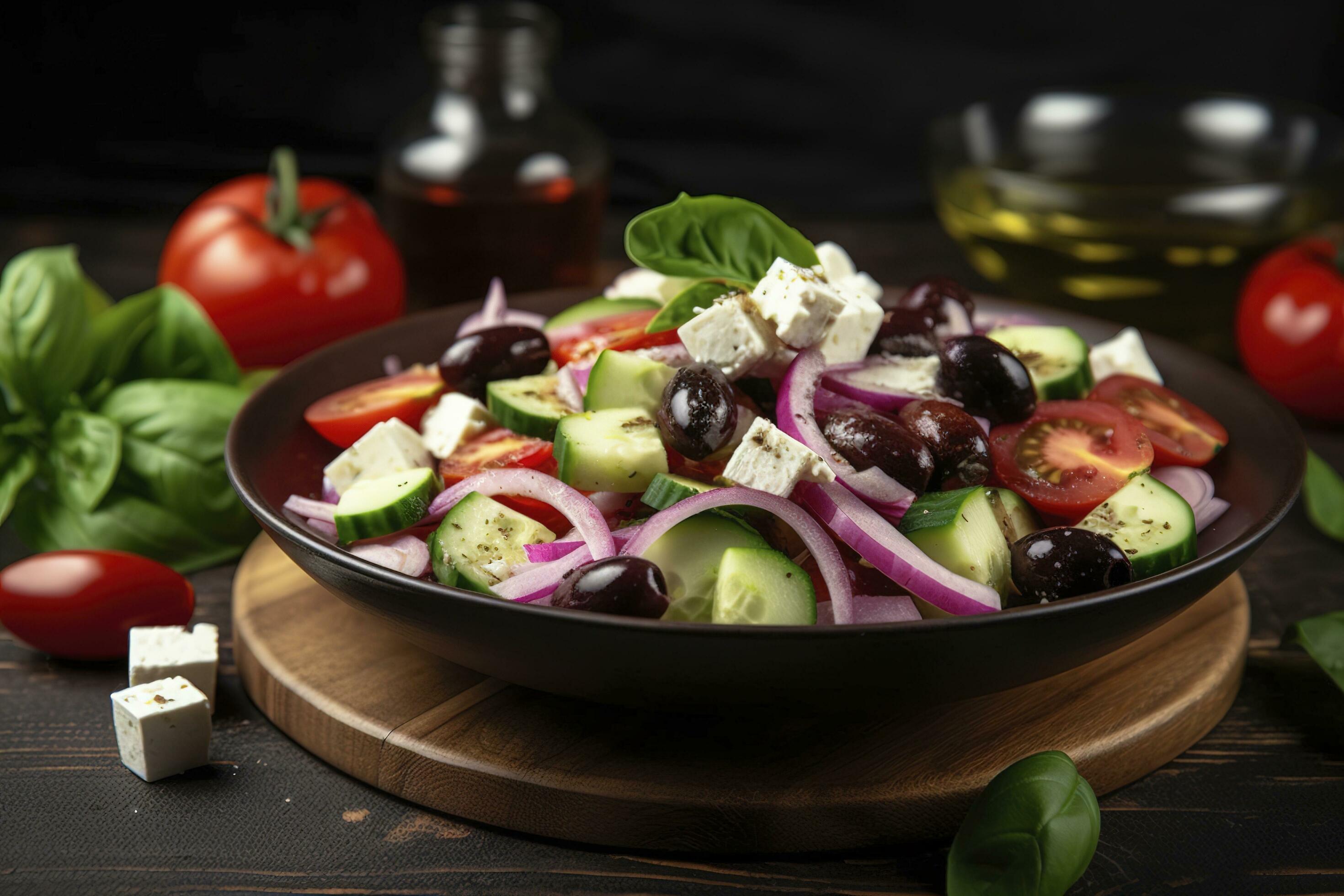 Greek salad with fresh vegetables, feta cheese, kalamata olives, dried oregano, red wine vinegar and olive oil. Healthy food, generate ai Stock Free