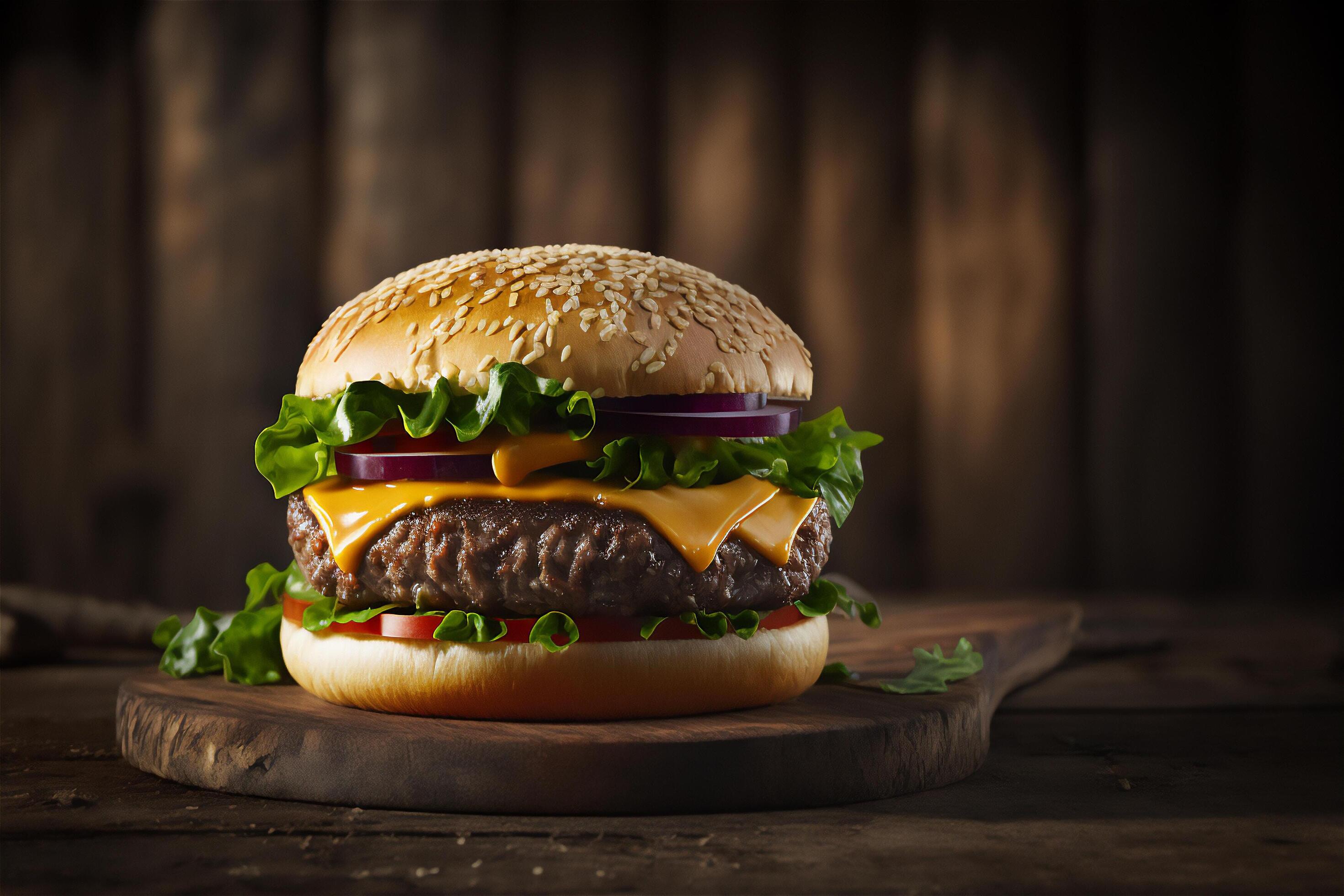 Tasty homemade hamburger on rustic wooden table. Copy space. Advertising. . Fast food snack Stock Free